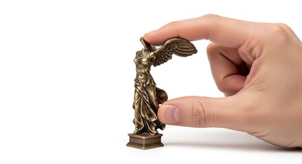 Hand pinching small bronze statue of Winged Victory isolated on white background