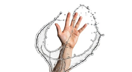 Hand surrounded by a swirling stream of water creating a dynamic circular splash on a plain white background