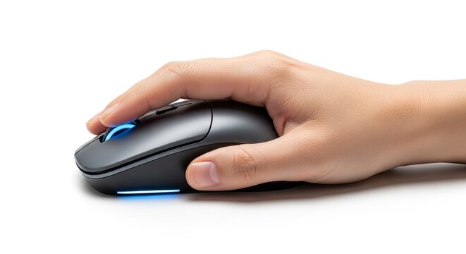 Hand operates a gray wireless computer mouse featuring blue illuminated scroll wheel and bottom