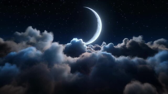A crescent moon shines brightly in the starry night sky above a thick layer of ethereal, dark blue and gray cinematic clouds, suggesting a dream or fantasy.