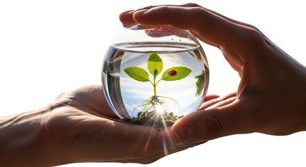 Hands cup a glass globe with a plant water ladybug soil and sun rays inside