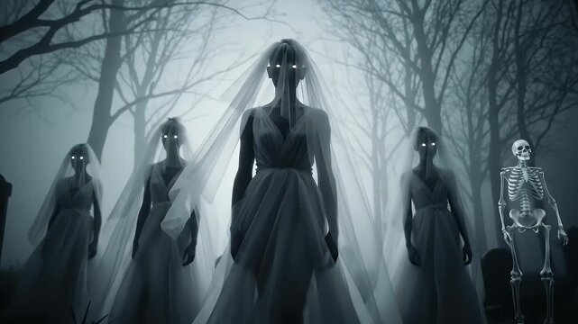 Eerie Female Ghosts and Skeleton Haunting a Foggy Cemetery at Night with Glowing Eyes and White Dresses