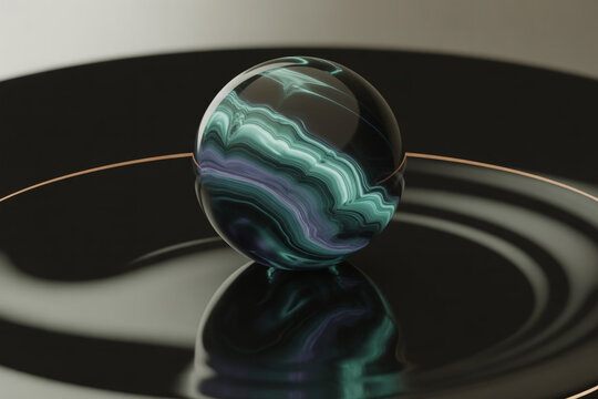 Stunning marble sphere with swirling turquoise and violet patterns resting on reflective surface, ideal for modern design projects and sophisticated backgrounds
