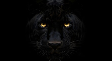Mysterious black panther with intense glowing yellow eyes in darkness