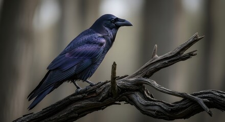 A solitary black crow perched on a gnarled tree branch in a forest