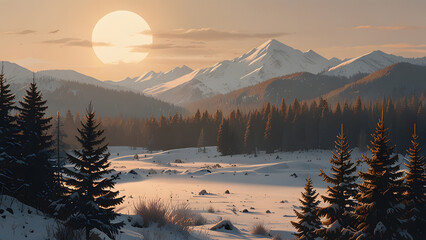 Majestic snow-capped mountain range dominating a beautiful winter panorama under a soft golden atmospheric sky. Nature and travel concept