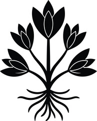 Stylized black silhouette of abstract plant with five flowers and roots