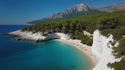 Breathtaking aerial view of a secluded white cliff cove beach with turquoise water, backed by a lush pine forest and a dramatic, soaring mountain peak.