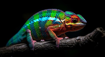 Obraz premium Vibrant chameleon with rainbow colors perched on a dark branch