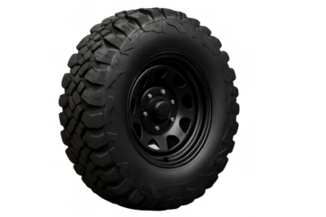 Off-road tire and black rim on a transparent background, ready for heavy duty driving and challenging conditions