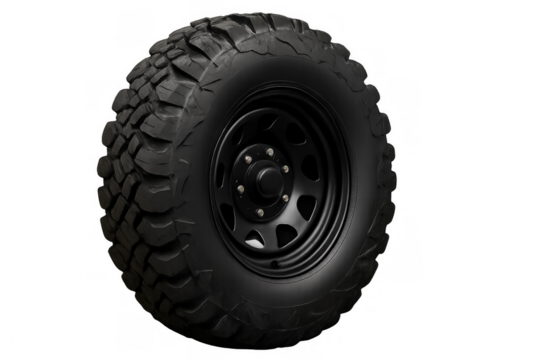 Off-road tire and black rim on a transparent background, ready for heavy duty driving and challenging conditions