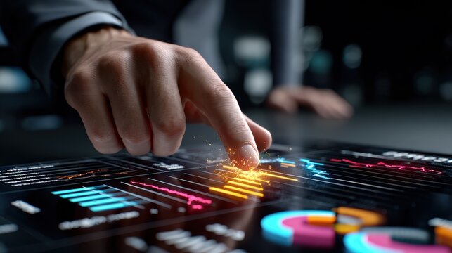 Hand Touching Interactive Business Data Interface - Powered by Adobe