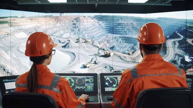 Mining Operations Control Room Overseeing Large Scale Excavation Site With Heavy Machinery From Digital Display Screens