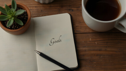 Neutral colored desk setup containing a spiral notebook centered with a "Goals" wreath design and surrounded by warm coffee and vibrant green plants. Productivity and business concept