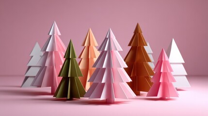 Colorful Paper Christmas Trees on Pink Background
