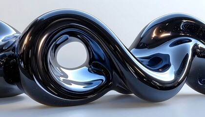 A close-up view presents a highly polished, dark, twisting abstract sculpture. It has a reflective surface and appears to be floating above a white surface