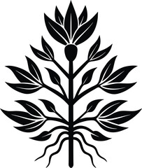 Silhouette plant with numerous leaves and winding roots isolated on transparent background