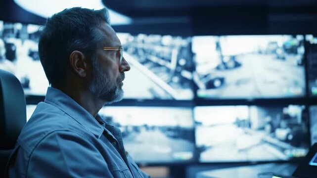 Caucasian man in utility shirt, glasses, operates mouse on glowing multi-monitors displaying grainy surveillance video in a futuristic control room. High-stakes tech operations concept.