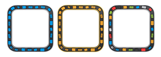 Set of Airport luggage conveyor belt or baggage claim area with suitcases on white.