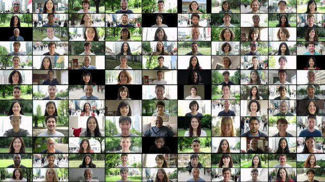 Dynamic grid video collage of diverse global people smiling directly at camera in various everyday settings, celebrating human connection and global diversity
