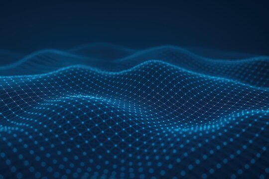 Abstract 3D Digital Waveform of Blue Dots on Dark Background
