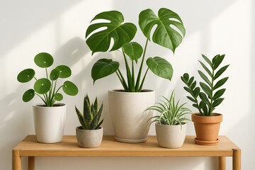 Obraz premium Assorted Houseplants in Ceramic Pots on Wooden Shelf