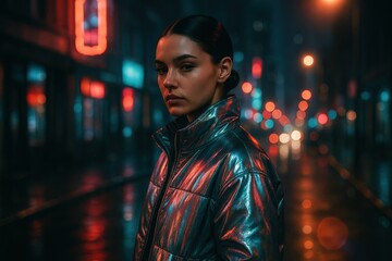 Obraz premium Woman in Futuristic Jacket on Neon City Street at Night