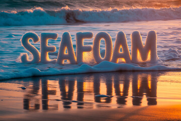 Stunning Seafoam Letters on Sandy Beach at Sunset with Gentle Waves - Evokes Summer Relaxation and Serenity for Travel and Coastal Lifestyle Brands