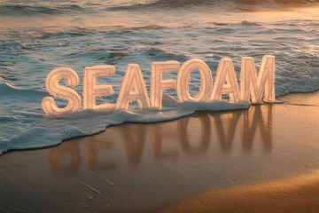 Stunning seafoam letters washed ashore by gentle waves at sunset creating a serene and inspiring scene perfect for coastal designs and tranquil travel promotions