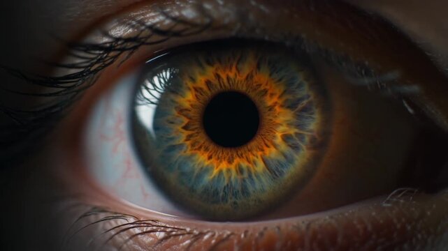 Extreme macro close-up of a human eye with a rich brown iris blinking once and the pupil dilating rapidly to fill the frame, transitioning to black.