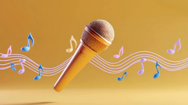 Colorful microphone with musical notes on vibrant orange background