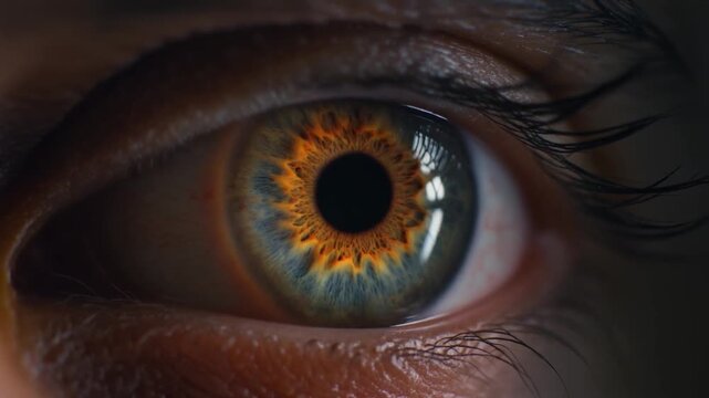 Extreme macro close-up of a human eye with a rich brown iris blinking once and the pupil dilating rapidly to fill the frame, transitioning to black.