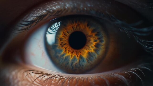 Extreme macro close-up of a human eye with a rich brown iris blinking once and the pupil dilating rapidly to fill the frame, transitioning to black.