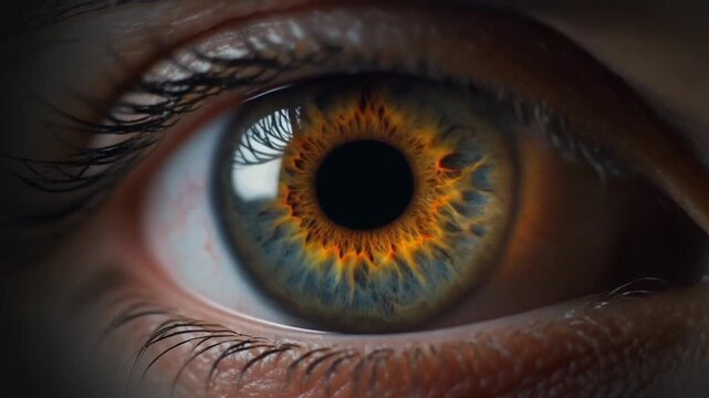 Extreme macro close-up of a human eye with a rich brown iris blinking once and the pupil dilating rapidly to fill the frame, transitioning to black.