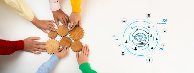 Teams unite around gears symbolizing collaboration while a digital brain diagram highlights...