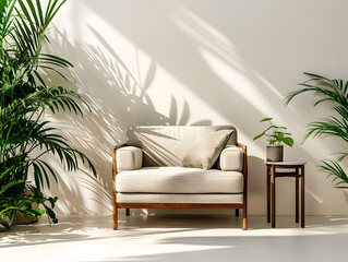 Fototapeta premium A Bright and Airy Living Room Decorated with a Modern White Sofa and an Array of Green Plants, Offering a Harmonious Blend of Natural and Contemporary Design.
