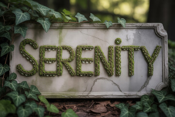 Find your inner peace and serenity with this tranquil mossy stone inscription surrounded by lush ivy vines calling for rest and meditation in nature