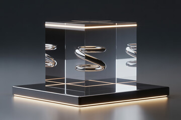 Modern minimalist design with chrome spiral enclosed in illuminated glass cube for striking visual impact, perfect for science, technology, or design concepts