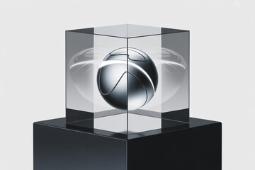 Elegant chrome sphere with glowing accents encased in a clear cube, a modern trophy or award concept for technology, innovation, or exclusive design achievements