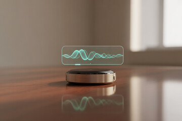 Sleek wireless speaker visualizing vibrant sound waves with futuristic holographic display on stylish wood table top in bright modern room showcasing tech innovation