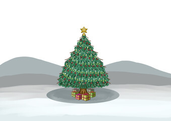 クリスマスツリーの下にプレゼントがあるカラーイラスト