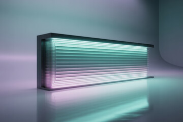 Modern illuminated display stand emitting vibrant neon gradients, perfect for tech branding, futuristic product reveals, or showcasing innovative designs in a studio