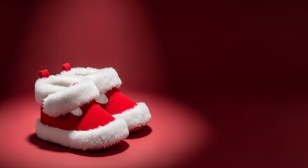 Santa hat and gloves folded on red background for Christmas celebration