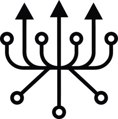 Abstract network symbol with upward arrows, branching connections, data flow