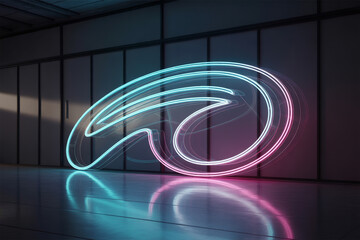 Modern abstract neon sculpture glowing pink and blue in a dark industrial space perfect for technology or innovation branding, bold and futuristic design element