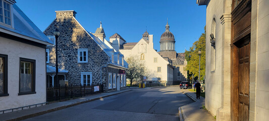 Rue des Ursuline, the oldest street in Trois-Rivières and Musée des Ursulines dome, Quebec, Canada