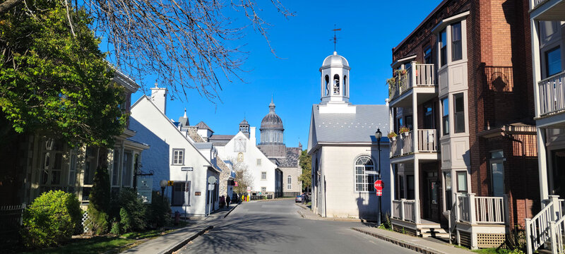 Rue des Ursuline, the oldest street in Trois-Rivi&egrave;res city and Mus&eacute;e des Ursulines dome, Quebec, Canada