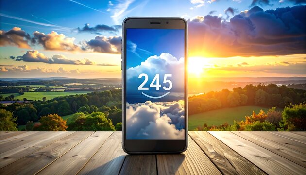 A mobile phone displays a sky, sunset, and counter. The phone rests on a wooden surface, with a picturesque landscape backdrop - Powered by Adobe