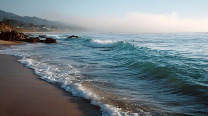 Serene ocean waves roll onto a sandy beach under a soft misty sky with distant hills and a lone figure enjoying the water