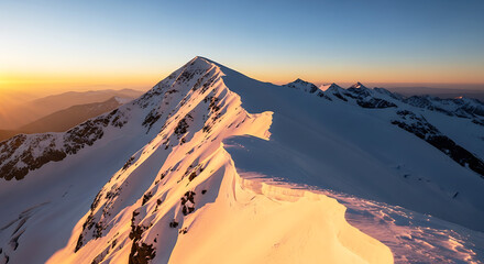 Snow covered mountain ridge illuminated by early morning sunlight captured with telephoto lens from distant viewpoint